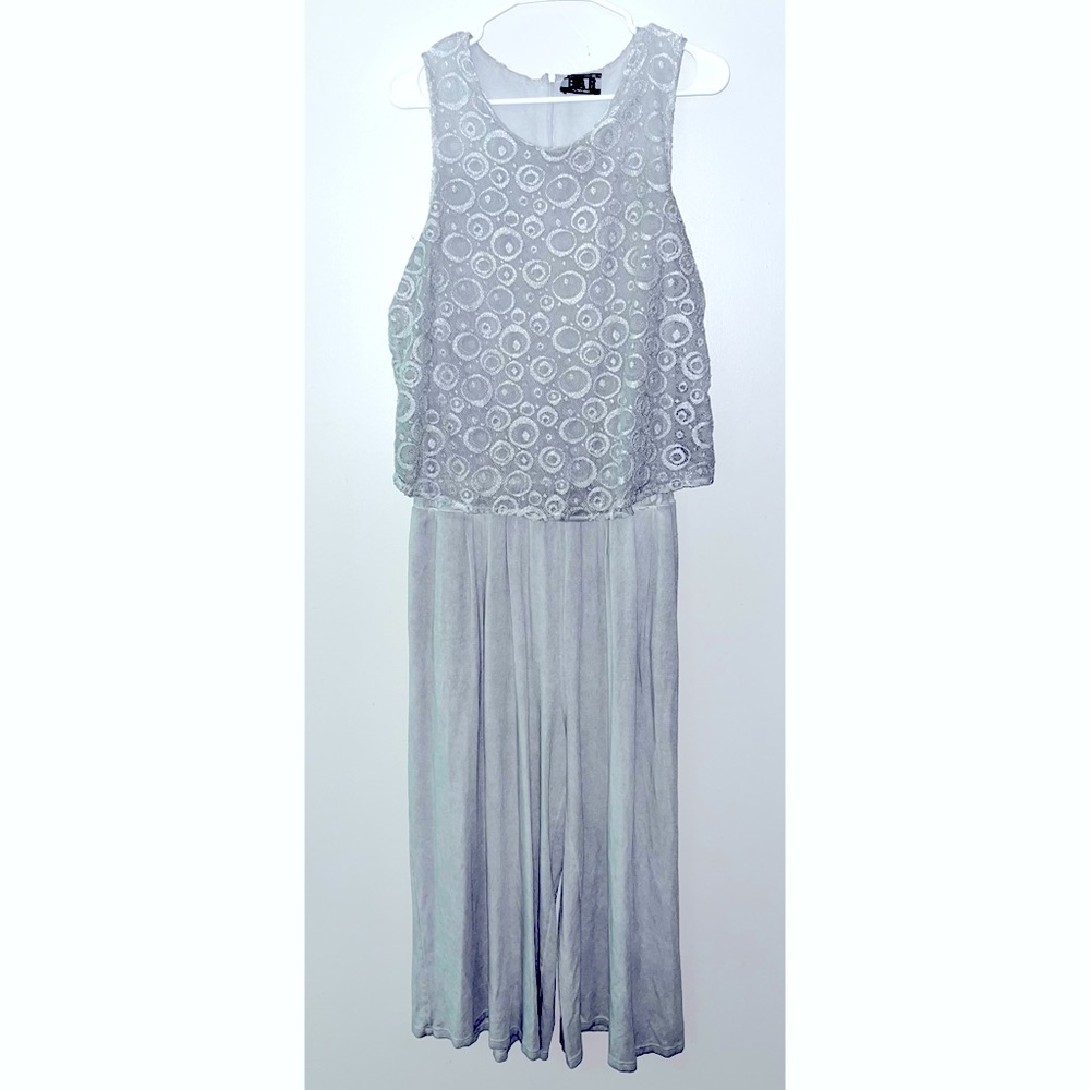 BAR, long grey pants romper w/ silver crochet overlay, flowy wide leg, Size M